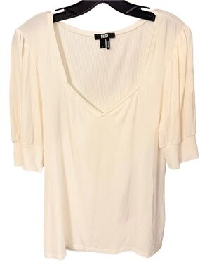 Paige Women’s Ivory Ribbed Puff Sleeve Top V-Neck Sz L